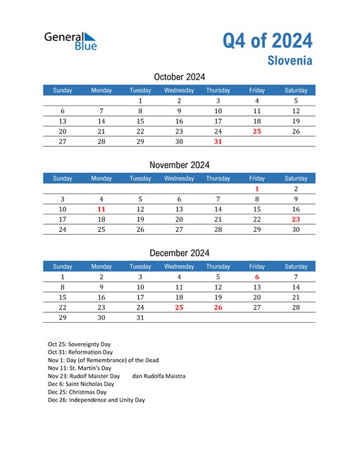  Slovenia 2024 Quarterly Calendar 