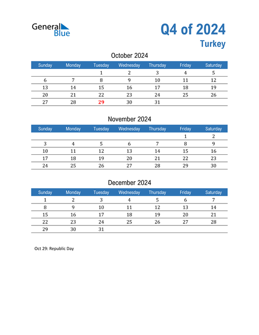  Turkey 2024 Quarterly Calendar 