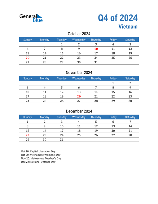 Q4 2024 Quarterly Calendar with Vietnam Holidays