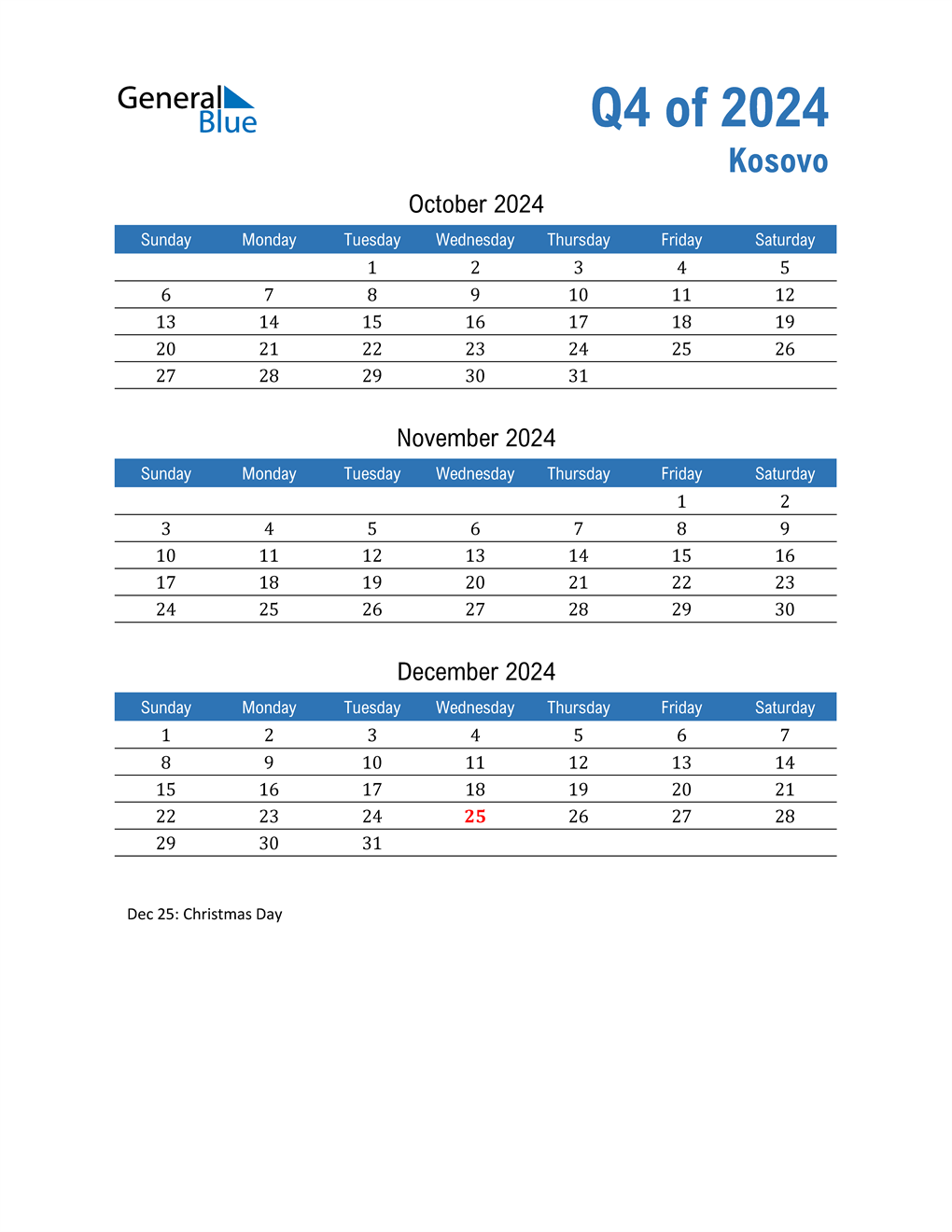  Kosovo 2024 Quarterly Calendar 