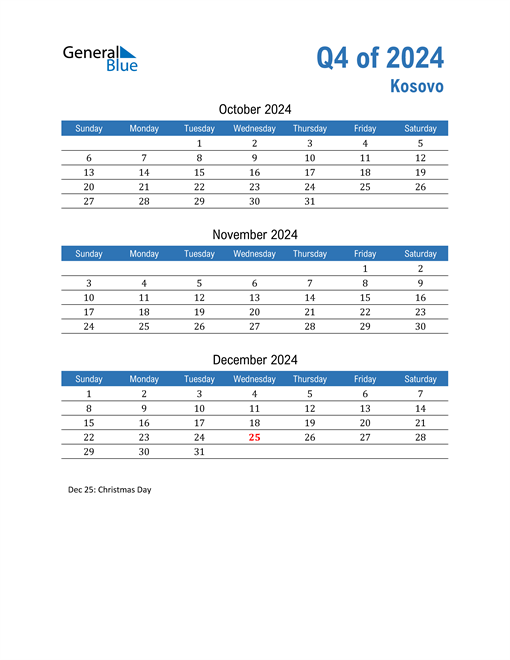  Kosovo 2024 Quarterly Calendar 