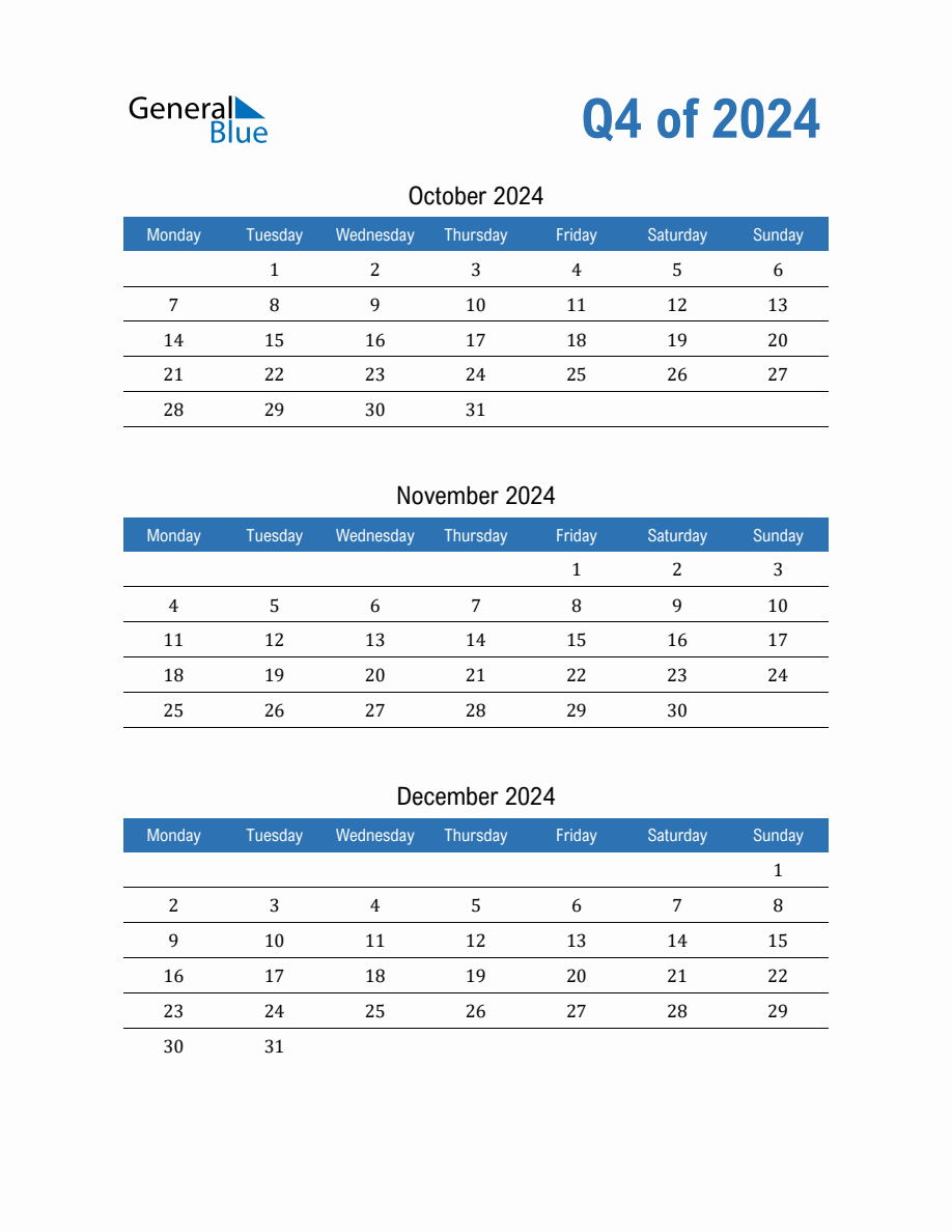 Blank Fillable Quarterly Calendar for Q4 2024 (PDF, Word, Excel)
