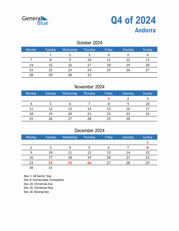 Andorra 2024 Quarterly Calendar with Monday Start