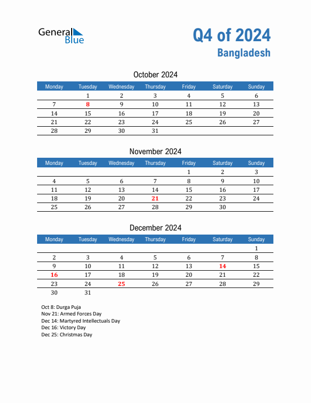 Bangladesh 2024 Quarterly Calendar with Monday Start