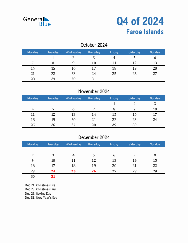 Faroe Islands 2024 Quarterly Calendar with Monday Start