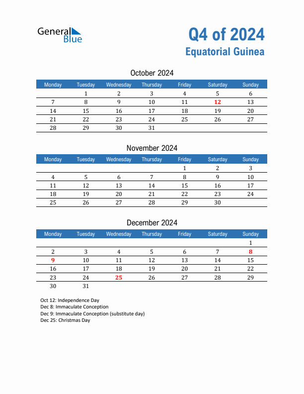 Equatorial Guinea 2024 Quarterly Calendar with Monday Start
