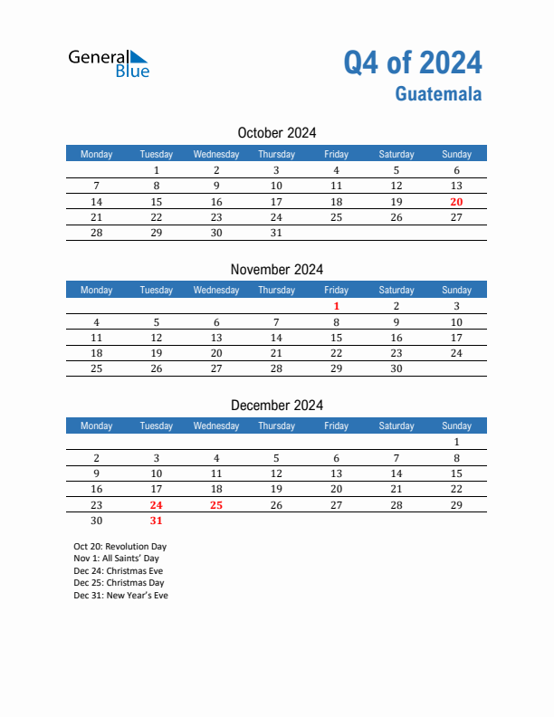 Guatemala 2024 Quarterly Calendar with Monday Start