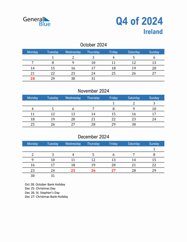 Ireland 2024 Quarterly Calendar with Monday Start