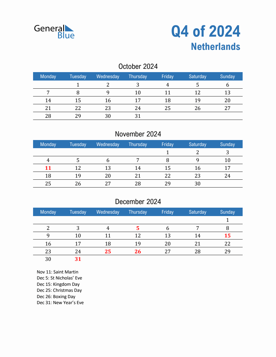 Netherlands 2024 Quarterly Calendar with Monday Start