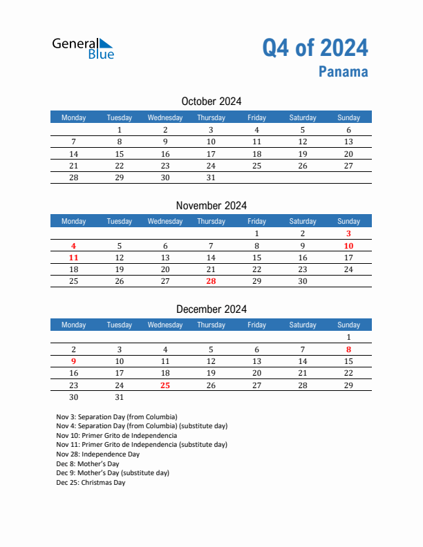 Panama 2024 Quarterly Calendar with Monday Start