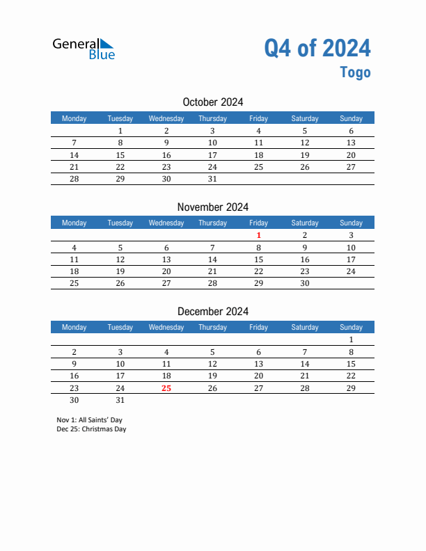 Togo 2024 Quarterly Calendar with Monday Start
