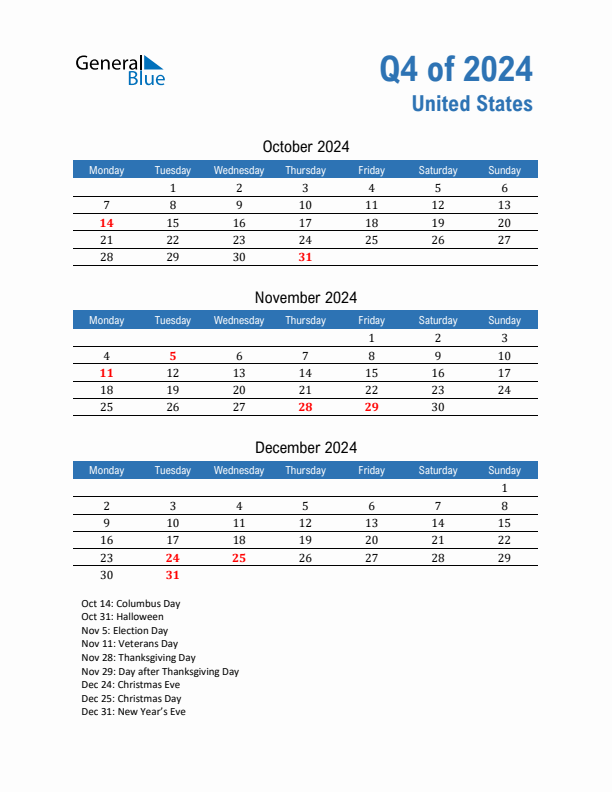United States 2024 Quarterly Calendar with Monday Start