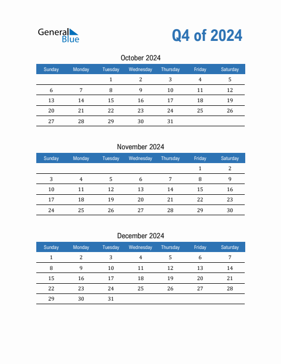 Quarter 4 2024 calendar template