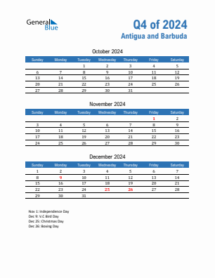 Antigua and Barbuda Quarter 4  2024 calendar template