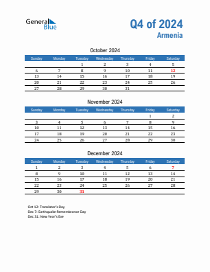 Armenia Quarter 4  2024 calendar template