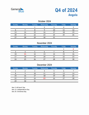 Angola Quarter 4  2024 calendar template