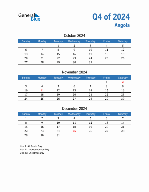Angola 2024 Quarterly Calendar with Sunday Start
