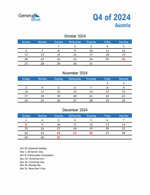 Austria Quarter 4  2024 calendar template