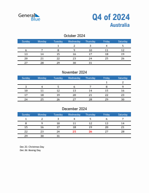 Australia Quarter 4  2024 calendar template