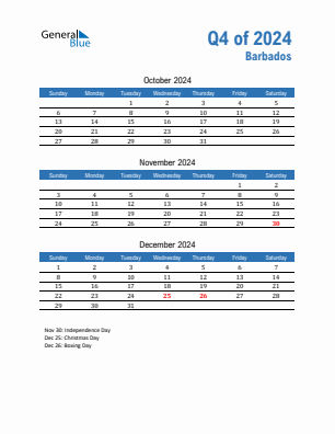 Barbados Quarter 4  2024 calendar template