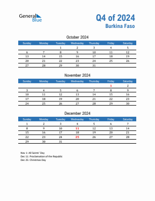 Burkina Faso Quarter 4  2024 calendar template