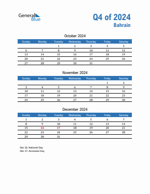 Bahrain Quarter 4  2024 calendar template