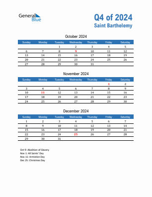 Saint Barthelemy Quarter 4  2024 calendar template