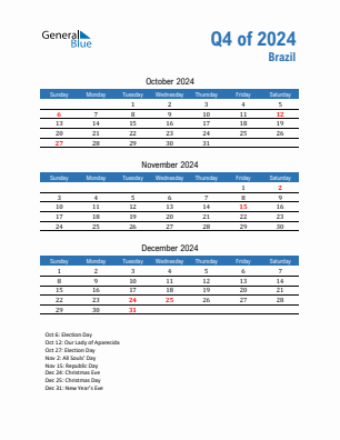 Brazil Quarter 4  2024 calendar template