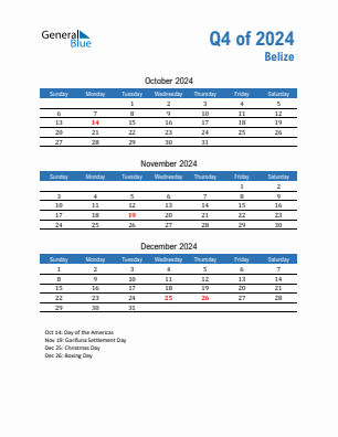 Belize Quarter 4  2024 calendar template