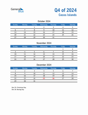 Cocos Islands Quarter 4  2024 calendar template