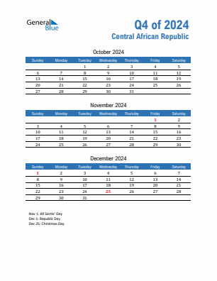 Central African Republic Quarter 4  2024 calendar template