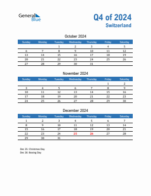 Switzerland Quarter 4  2024 calendar template