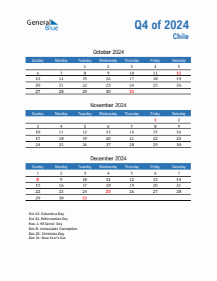 Chile Quarter 4  2024 calendar template