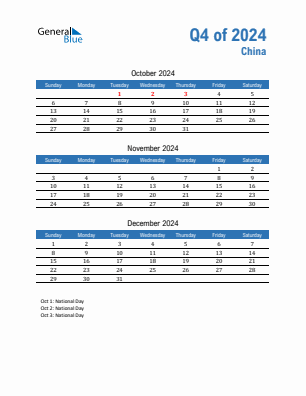 China Quarter 4  2024 calendar template