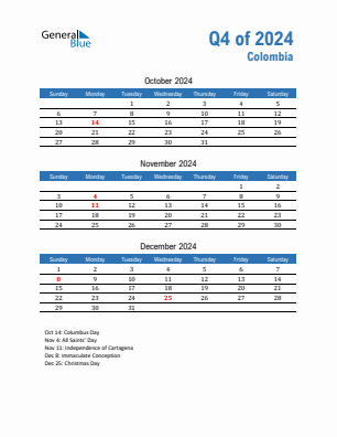 Colombia Quarter 4  2024 calendar template