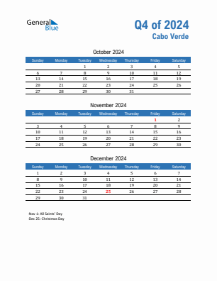 Cabo Verde Quarter 4  2024 calendar template