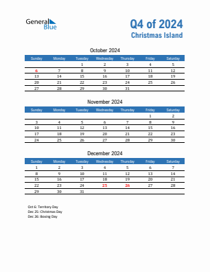 Christmas Island Quarter 4  2024 calendar template