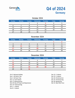 Germany Quarter 4  2024 calendar template