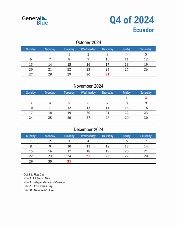 Ecuador 2024 Quarterly Calendar with Sunday Start