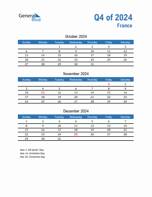 France Quarter 4  2024 calendar template