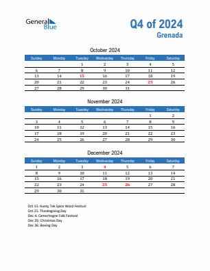 Grenada Quarter 4  2024 calendar template