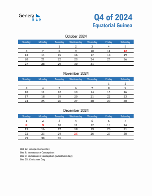 Equatorial Guinea Quarter 4  2024 calendar template