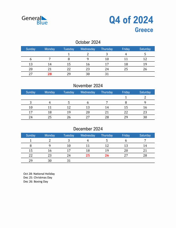 Greece 2024 Quarterly Calendar with Sunday Start