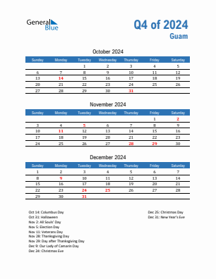 Guam Quarter 4  2024 calendar template