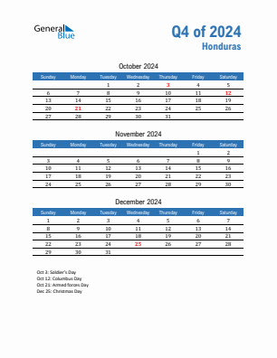 Honduras Quarter 4  2024 calendar template