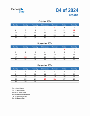 Croatia Quarter 4  2024 calendar template