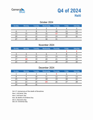 Haiti Quarter 4  2024 calendar template