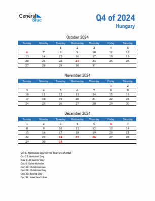 Hungary Quarter 4  2024 calendar template