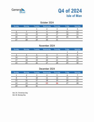 Isle of Man Quarter 4  2024 calendar template