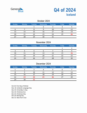 Iceland Quarter 4  2024 calendar template